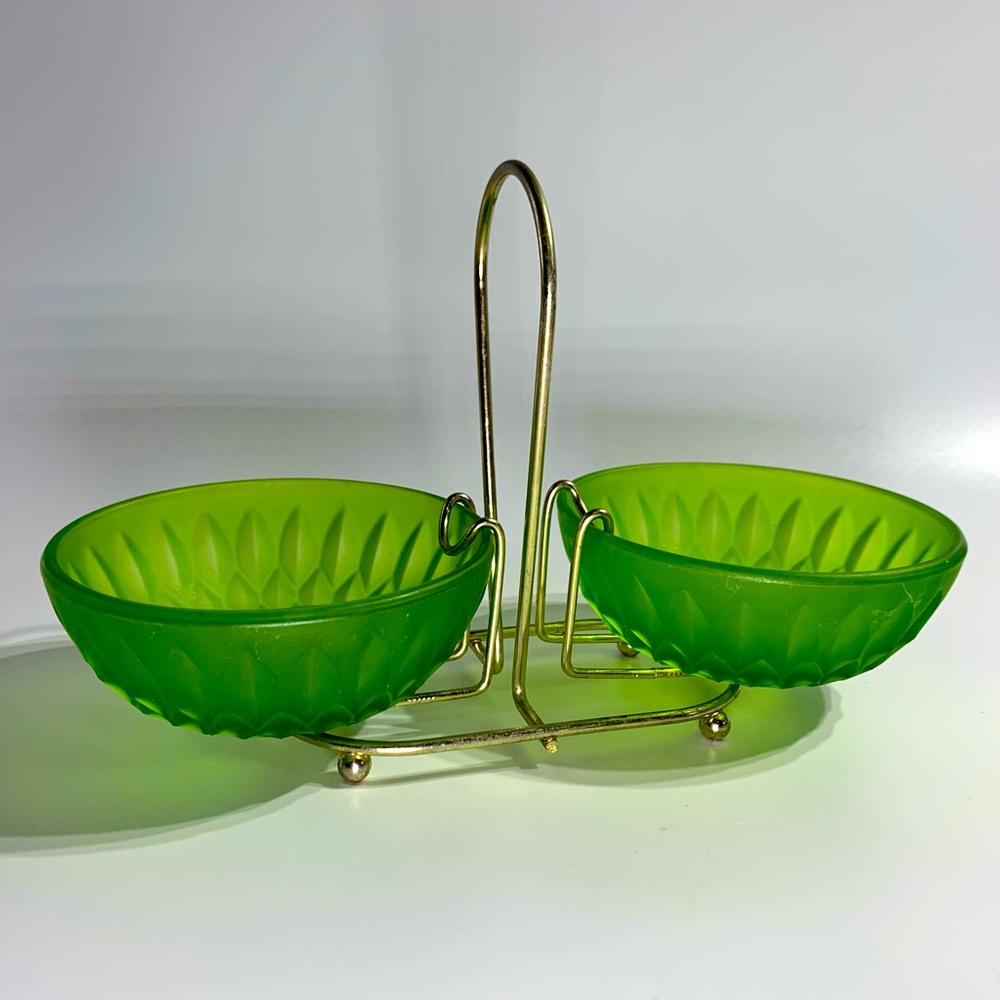 1960’s Hazel Atlas ? Indiana Glass Green Frosted Bowls with Handled Serving Rack